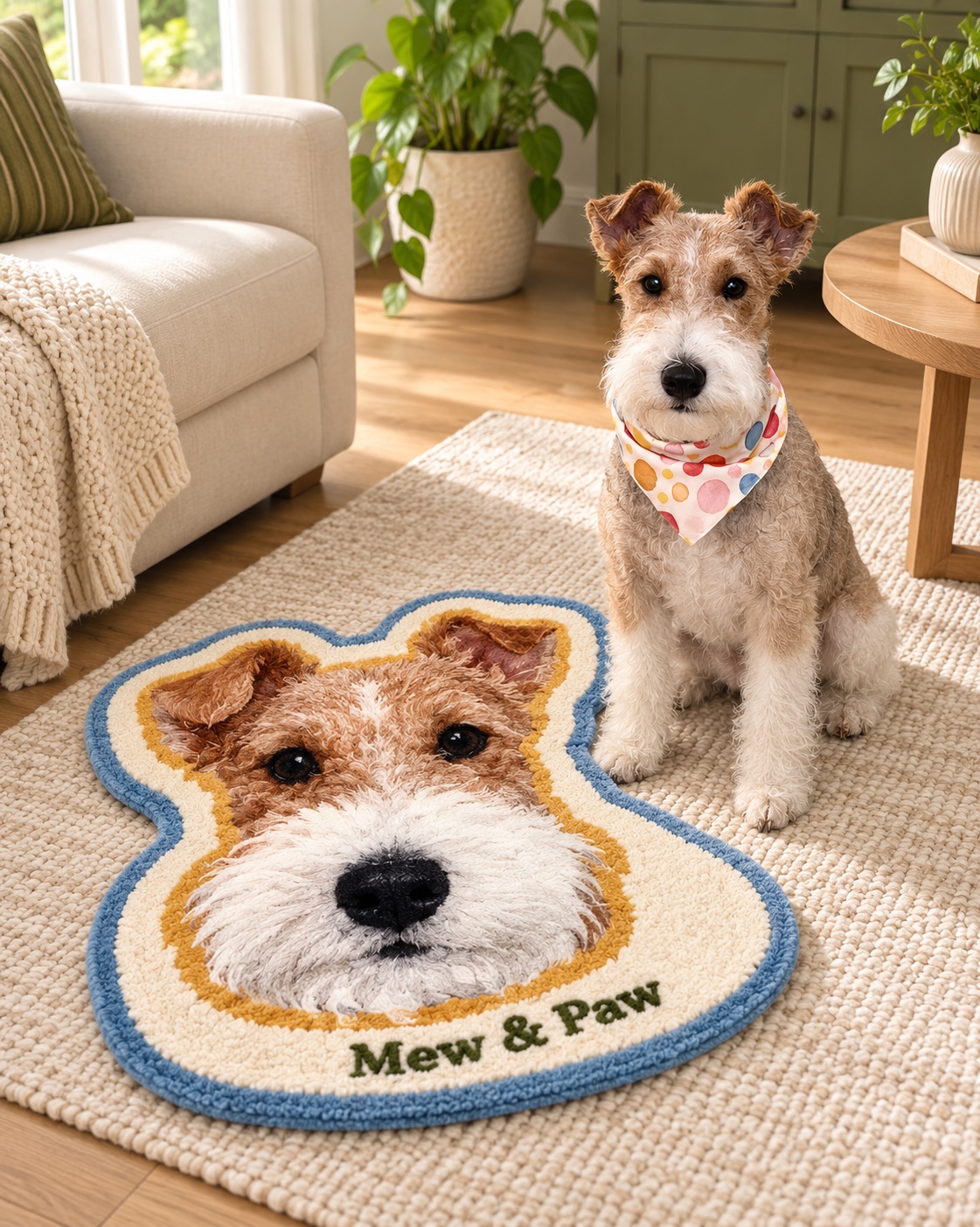 A wire-haired terrier beside a plush rug with its matching portrait and Mew & Paw branding