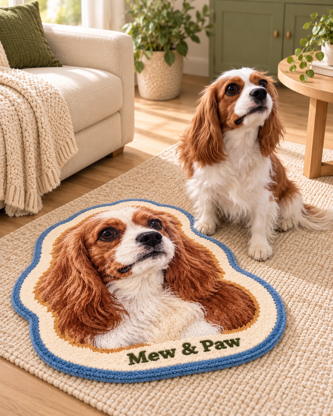 A Cavalier King Charles spaniel beside a plush rug with its matching portrait and Mew & Paw branding