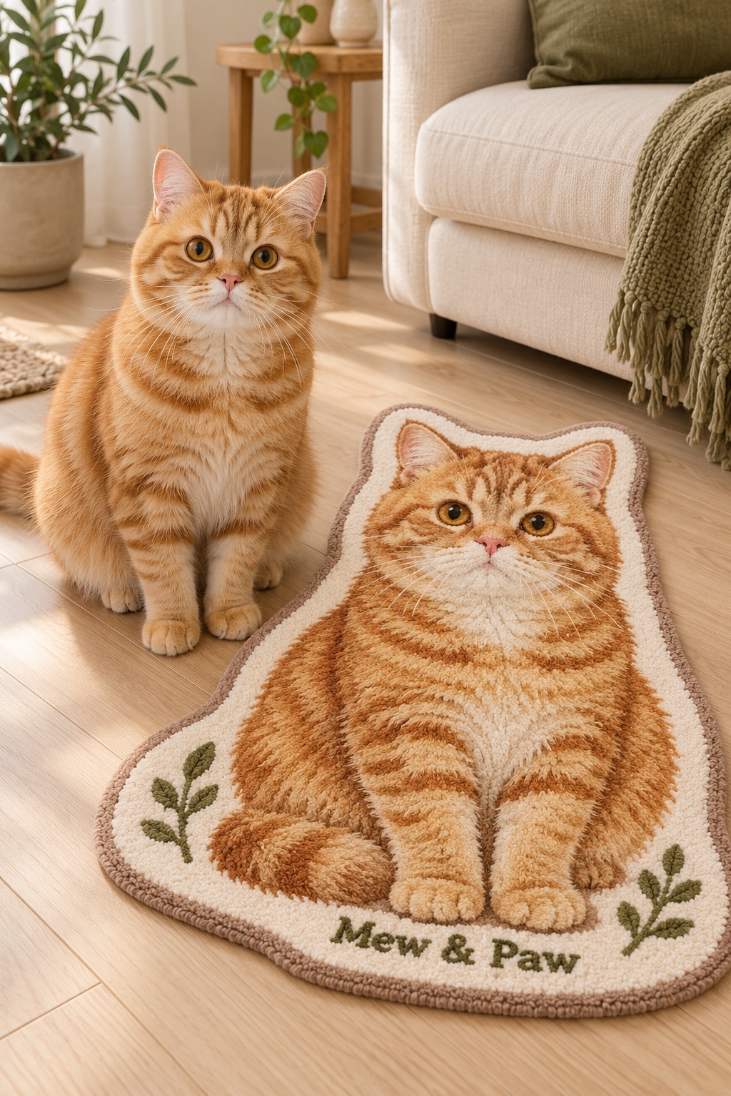 An orange tabby beside its matching Mew & Paw custom portrait rug