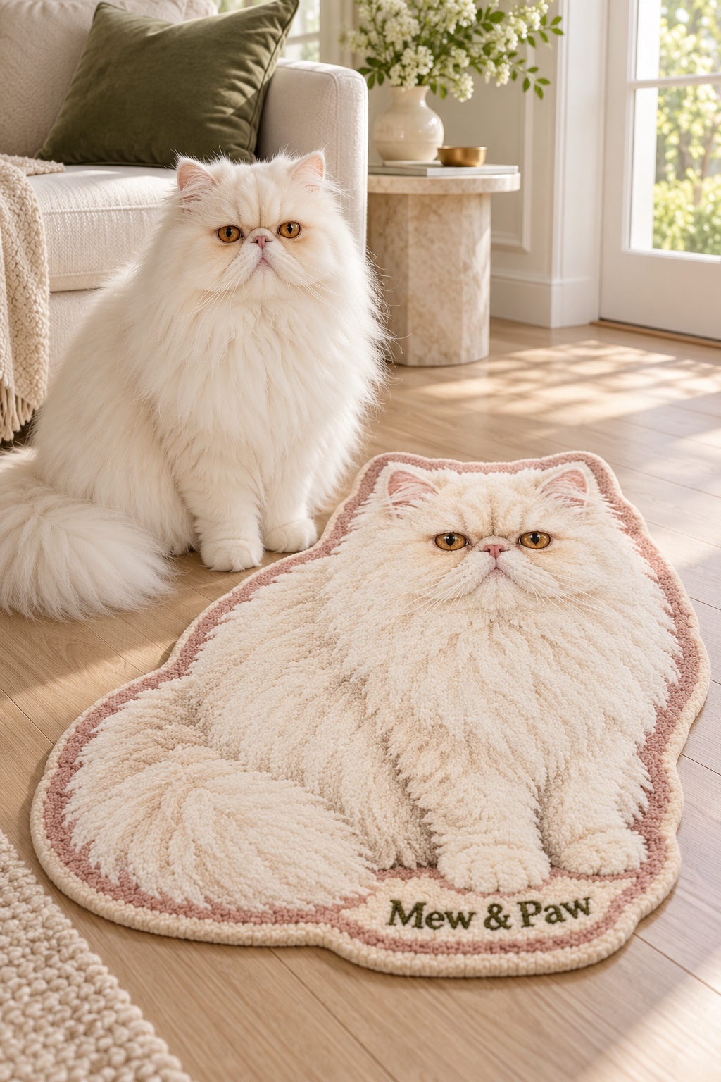 A white Persian cat beside a plush rug with its matching portrait and Mew & Paw branding