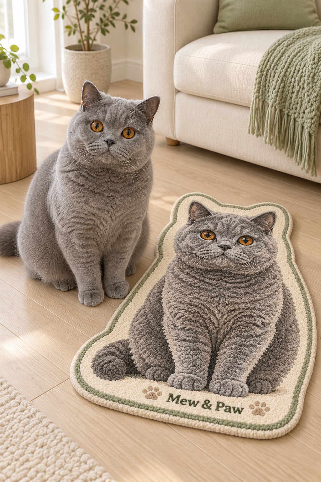 A blue-gray British Shorthair beside a plush rug with its matching portrait and Mew & Paw branding