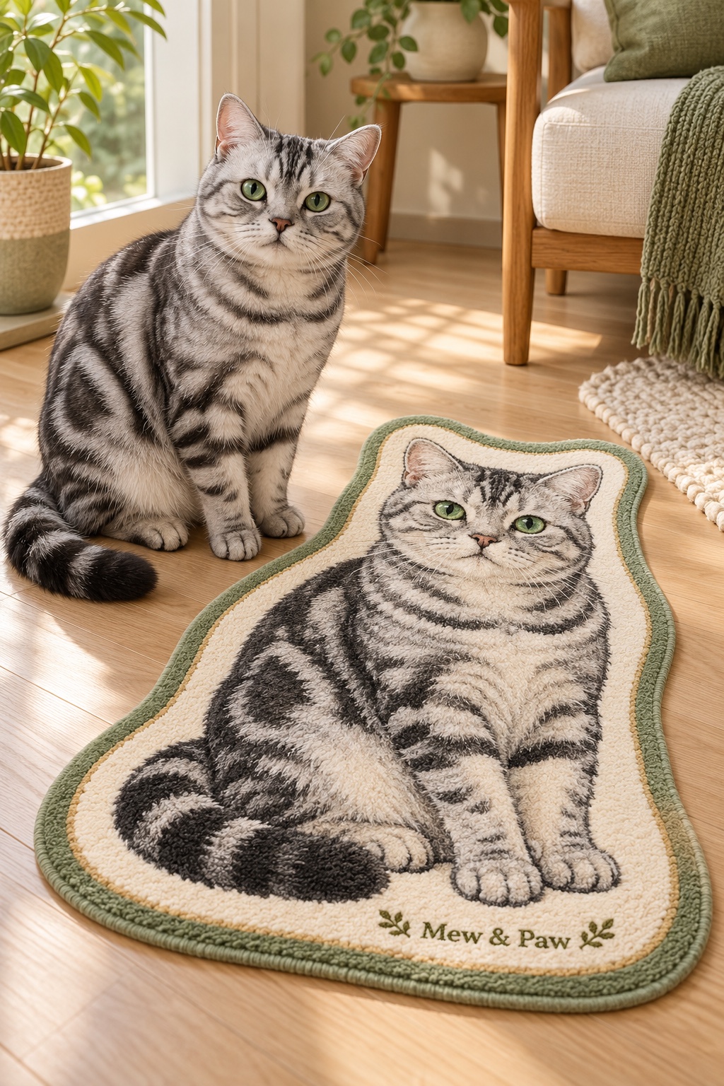 A silver tabby American Shorthair beside a plush rug with its matching portrait and Mew & Paw branding