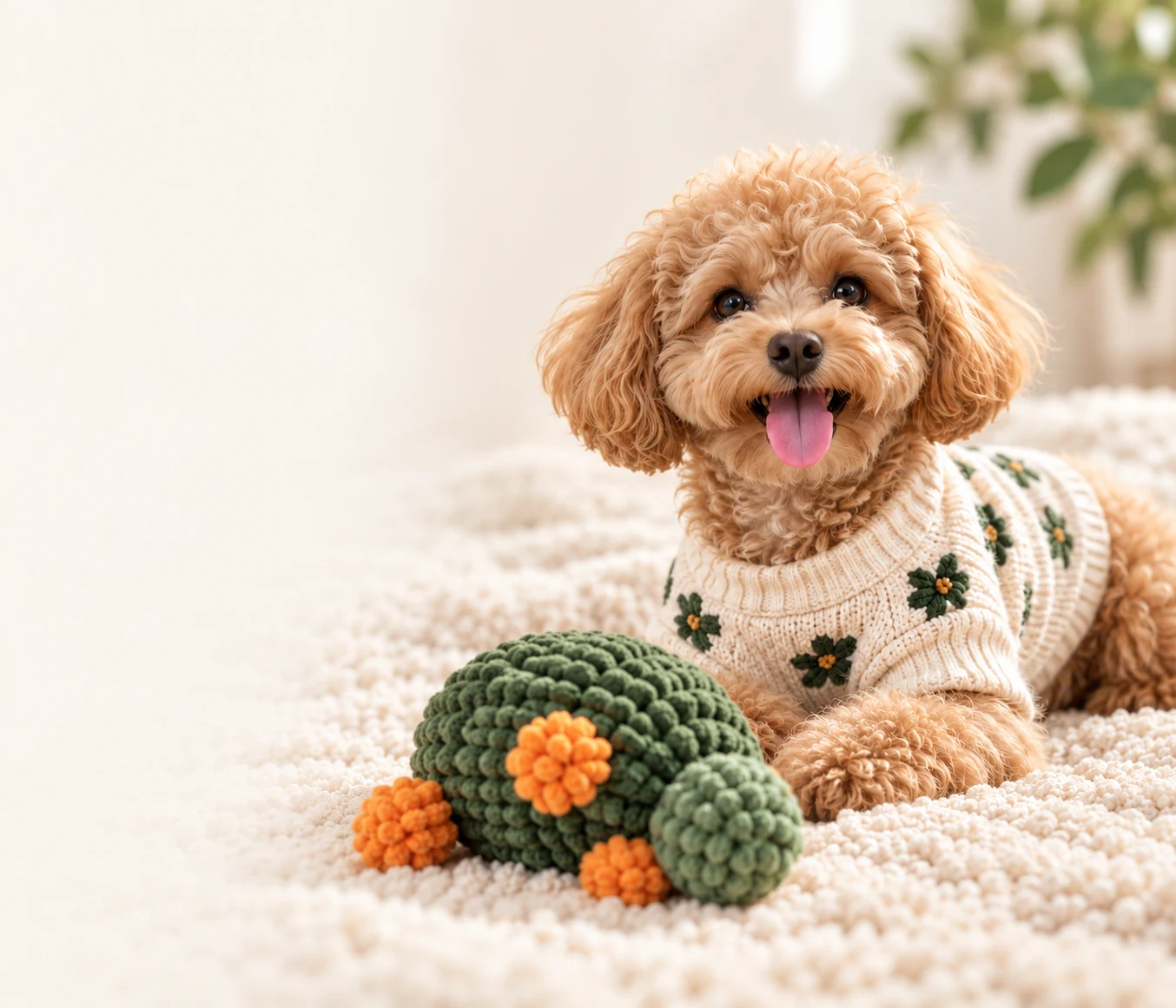 An apricot poodle wearing a cream knit top